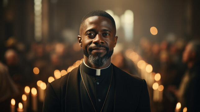 Portrait of young African-American priest looking at camera in church.