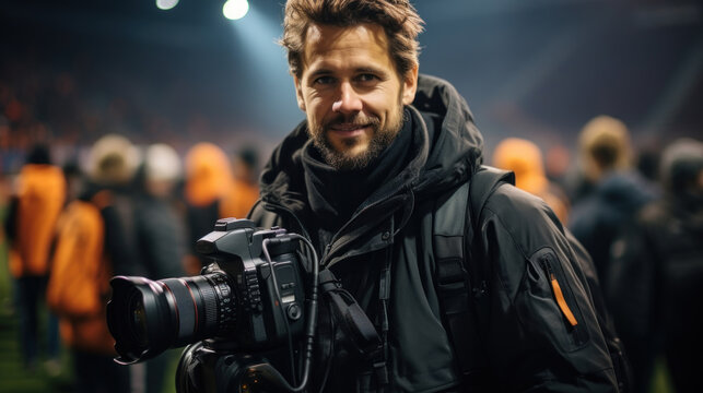 Portrait of a professional photographer on the background of the stadium.