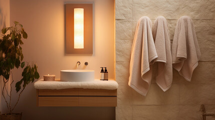Obraz na płótnie Canvas cozy bathroom ambiance, fluffy towel hanging from a towel rack, warm golden lighting creating a soothing atmosphere, minimalist and spa
