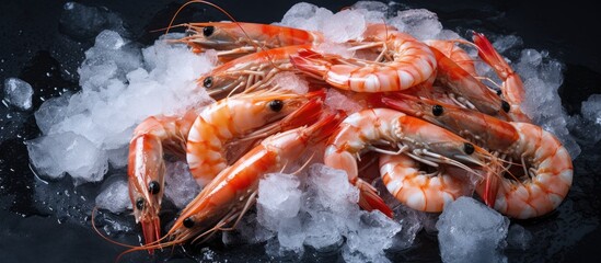 The photograph depicts fresh shrimp on a black stone background, with ice, giving it a seafood appearance. is taken from above, and empty space available for text.