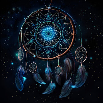 Beautiful dream catcher on background of night sky Tribal elements, feathers, shells, lace. Digital illustration. CG Artwork Background