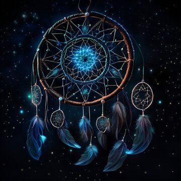 Beautiful dream catcher on background of night sky Tribal elements, feathers, shells, lace. Digital illustration. CG Artwork Background