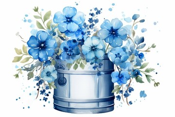 Watercolor blue floral barrel. Generate Ai
