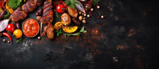 The assortment of various barbecue food includes shish kebab, sausages, grilled meat fillet, fresh vegetables, sauces, spices. The food is placed on a dark rusty concrete table with copy space above.