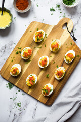 Homemade deviled eggs with salmon on a black background.