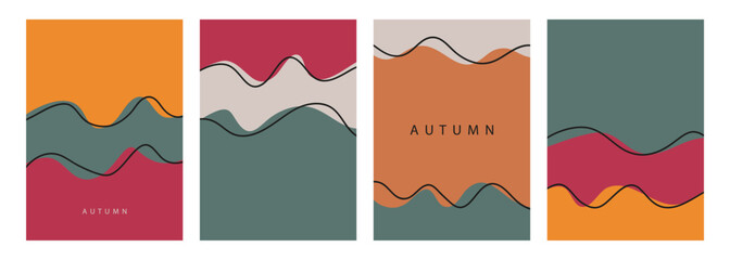 Fall season backgrounds. Autumn colors. Various abstract shapes and black curved lines for seasonal creative graphic design.  collection. Vector illustration.