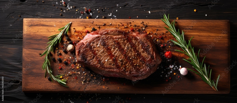 Poster A top-down view of grilled beef steak with spices on a cutting board, with space for adding text.