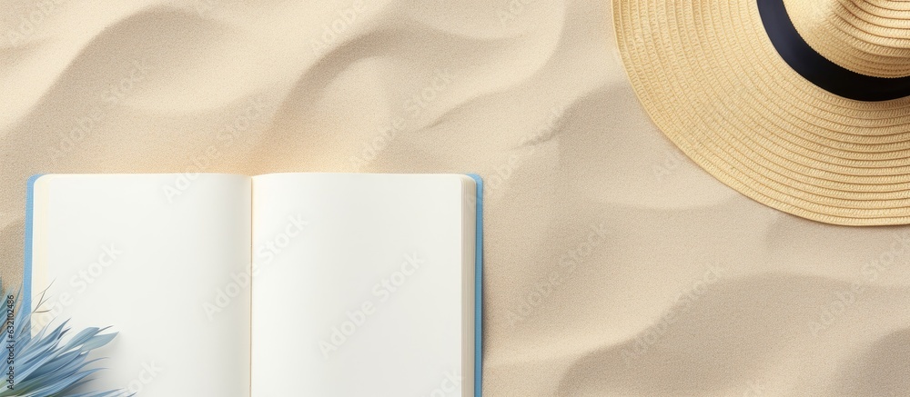 Poster flat lay of a blank writing book with summer beach accessories in the background, offering ample cop