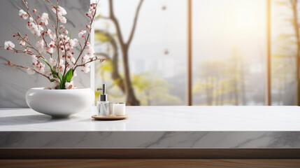 Beautiful marble table top with blurred bathroom interior background