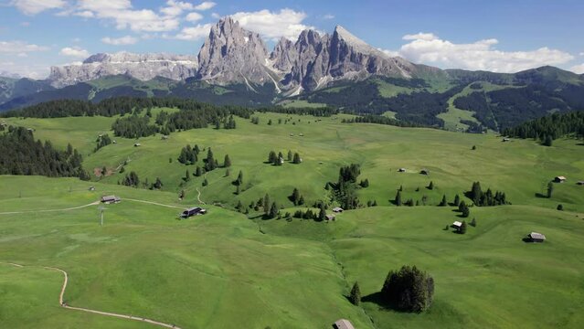 Aerial view of Seiser Alm, alpine plateau in summer, Dolomites, Italy