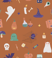 seamless pattern for Halloween holiday. pattern on a orange background. great idea for fabric, packaging.