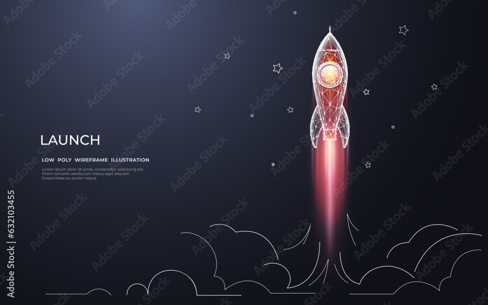 Poster abstract digital launching rocket with fire on dark background with white doodle elements. low poly 