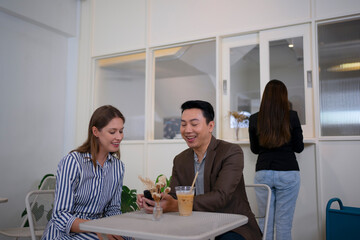 Coworkers hang out at coffee café. Coworker and friendship concept.