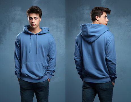 Front And Back View Of A Blue Hoodie Mockup For Design Print