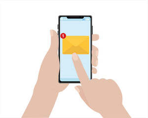 Phone in hand human hand correspondence message accept tap on the screen messenger phone screen illustration