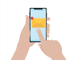 Phone in hand human hand correspondence message accept tap on the screen messenger phone screen vector illustration