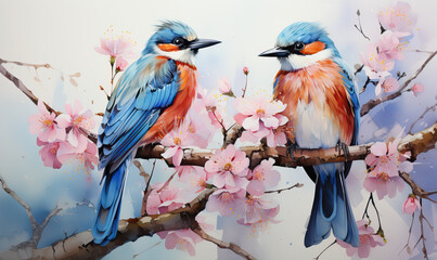 Bright little birds sit on a flowering branch.