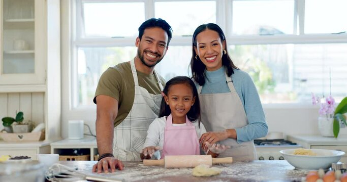 Cooking, smile and help with family in kitchen for food, breakfast and baking. Happy, support and cookies with portrait of parents and girl at home for teaching, health and wellness together