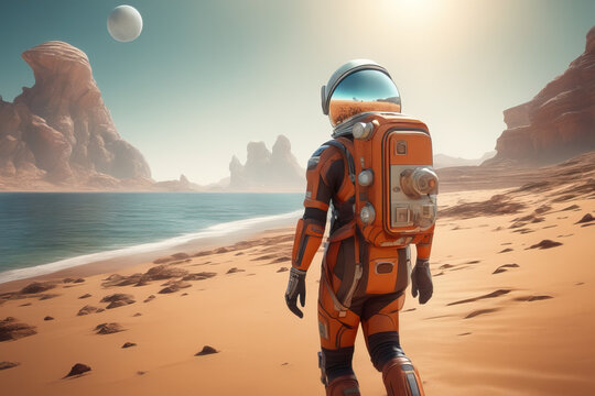 A man in a spacesuit walks along the sand towards the bay. Sci-fi wallpaper. Exploration of alien planet. Retro futuristic landscape. Fantastic illustration.
