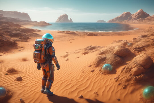 A man in a spacesuit walks along the sand towards the bay. Sci-fi wallpaper. Exploration of alien planet. Retro futuristic landscape. Fantastic illustration.