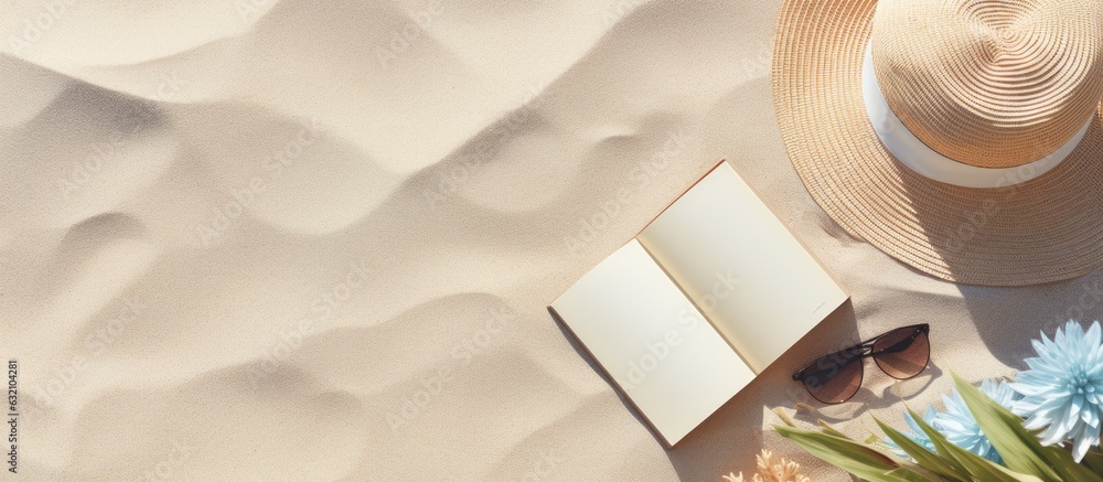 Poster a flat lay of a blank writing book with summer beach accessories in the background. copy space avail