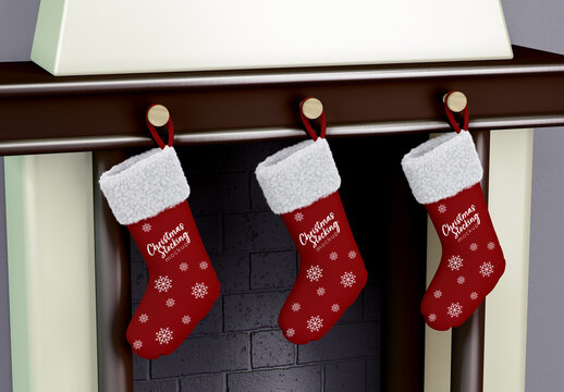 Christmas Socks Hanging on Chimney Mockup