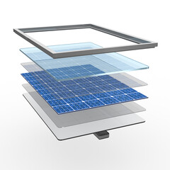 3d-Illustration Solarpanel, Aufbau, Konstruktion mit einzelnen Materialien und Schichten, isoliert