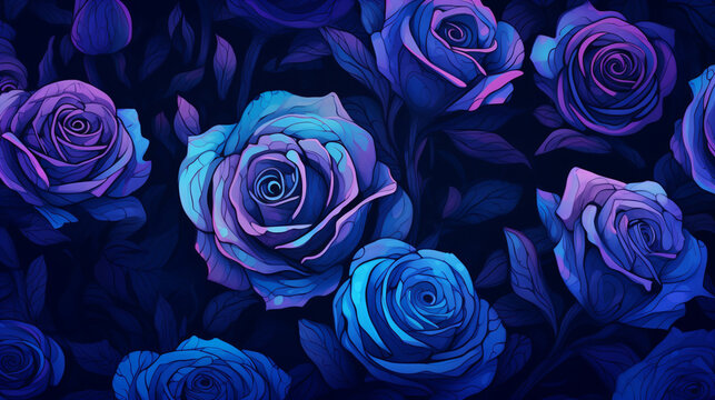 Beautiful blue roses in the garden digital painting illustration.