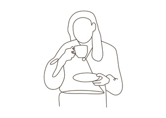 Line art of a young woman in a bathrobe drinking coffee from a cup in the morning at home relaxing.