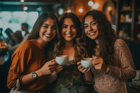 woman smiling at camera in coffee shop Multiethnic group of happy young women having fun together in cafe