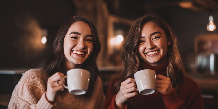 Woman Smiling At Camera In Coffee Shop Multiethnic Group Of Happy Young Women Having Fun Together In Cafe