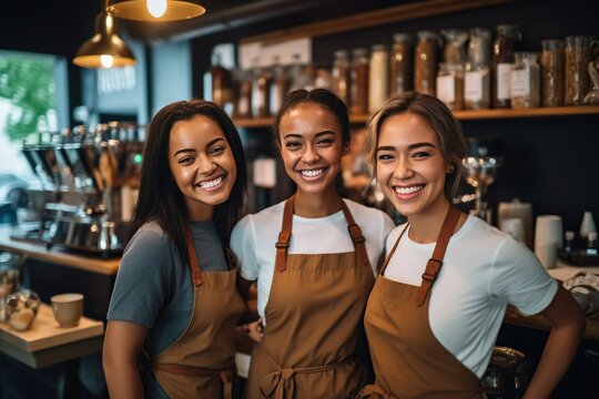 woman smiling at camera in coffee shop Multiethnic group of happy young women having fun together in cafe