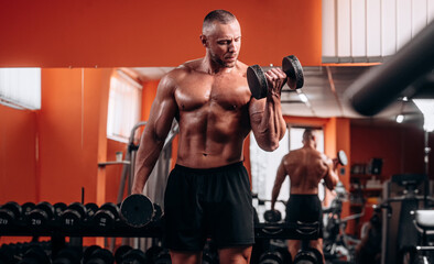 Fit strong man doing biceps curl in gym. Bodybuilder with dumbbells