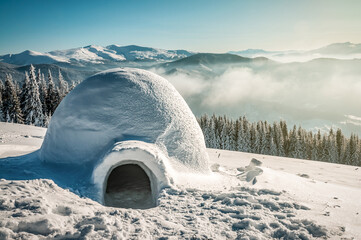 Real snow igloo in sunny winter mountains