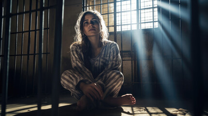 An anxious female prisoner sits on her knees in a cell, beamed with sunlight. through the barred window to her - obrazy, fototapety, plakaty