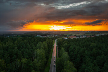 Amazing sunset over the forest in Poland