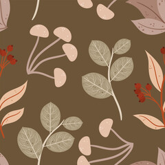 Seamless Pattern Adorned With Autumn Leaves, Delicate Branches, And Charming Mushrooms, Background, Wallpaper