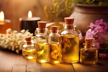 Selection of essential oils with various herbs and flowers on the background. Aromatherapy oil in glass bottle on table in spa salon. Essential lavender oil in a small bottle. Selective focus. Spa sti - obrazy, fototapety, plakaty