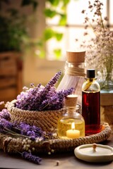 Obraz na płótnie Canvas Selection of essential oils with various herbs and flowers on the background. Aromatherapy oil in glass bottle on table in spa salon. Essential lavender oil in a small bottle. Selective focus. Spa sti