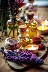 Fototapeta na wymiar Selection of essential oils with various herbs and flowers on the background. Aromatherapy oil in glass bottle on table in spa salon. Essential lavender oil in a small bottle. Selective focus. Spa sti