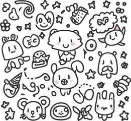 Cute hand drawn doodle kawaii animal set. Vector illustration.