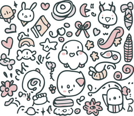 Cute hand drawn doodle kawaii animal set. Vector illustration.