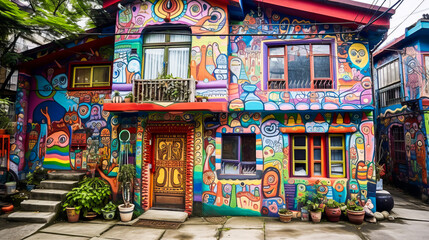 Vibrant artist embellishing the colorful Rainbow Village, Taichung, Taiwan with intricate designs. Emotionally stirring testament to creative vitality. Generative AI