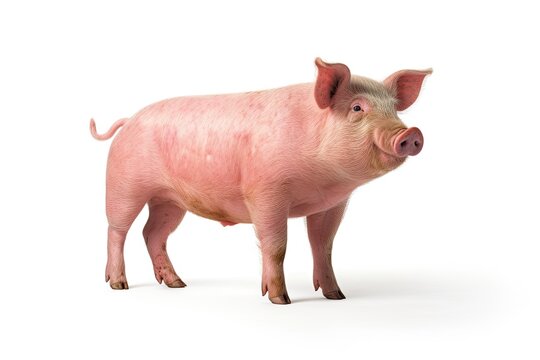 One happy farm animal standing proudly. Cute and funny baby pig isolated on white background