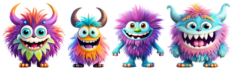 Naklejka premium Set of funny shaggy furry cheerful monsters with big eyes and smiling mouths with big white teeth, isolated on transparent background. Children's cartoon characters or cute soft toys. Generative AI
