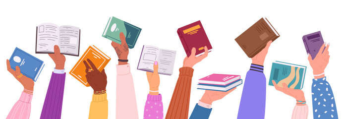 Cartoon hands holding books. Reading, studying and literature loving people, paper books in human hands flat vector illustration set. Sharing and borrowing books concept