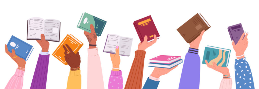 Cartoon hands holding books. Reading, studying and literature loving people, paper books in human hands flat vector illustration set. Sharing and borrowing books concept