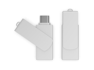 Blank C type pen drive with paper box packaging for promotional branding. 3d illustration.