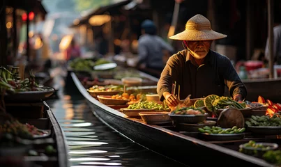 Foto auf Acrylglas Bangkok Floating market in Asia, boats with goods.