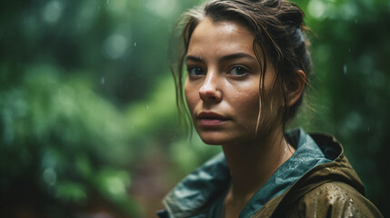 Young Woman Contemplating in the Rainy Forest. Generative AI.